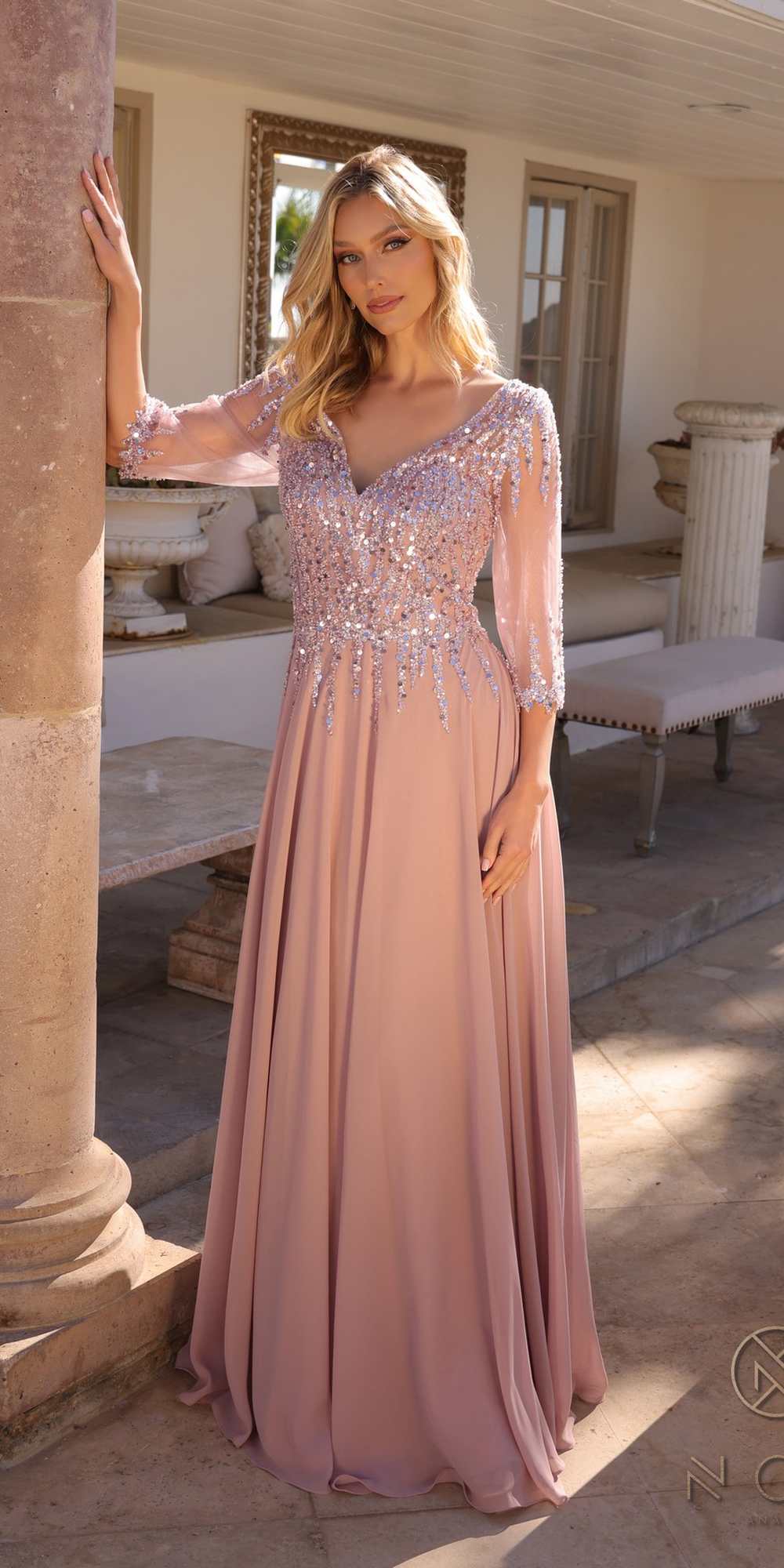 Nox Anabel MF100 Long Sequin Bodice 3/4 Sleeve A-line Gown by DiscountDressShop
