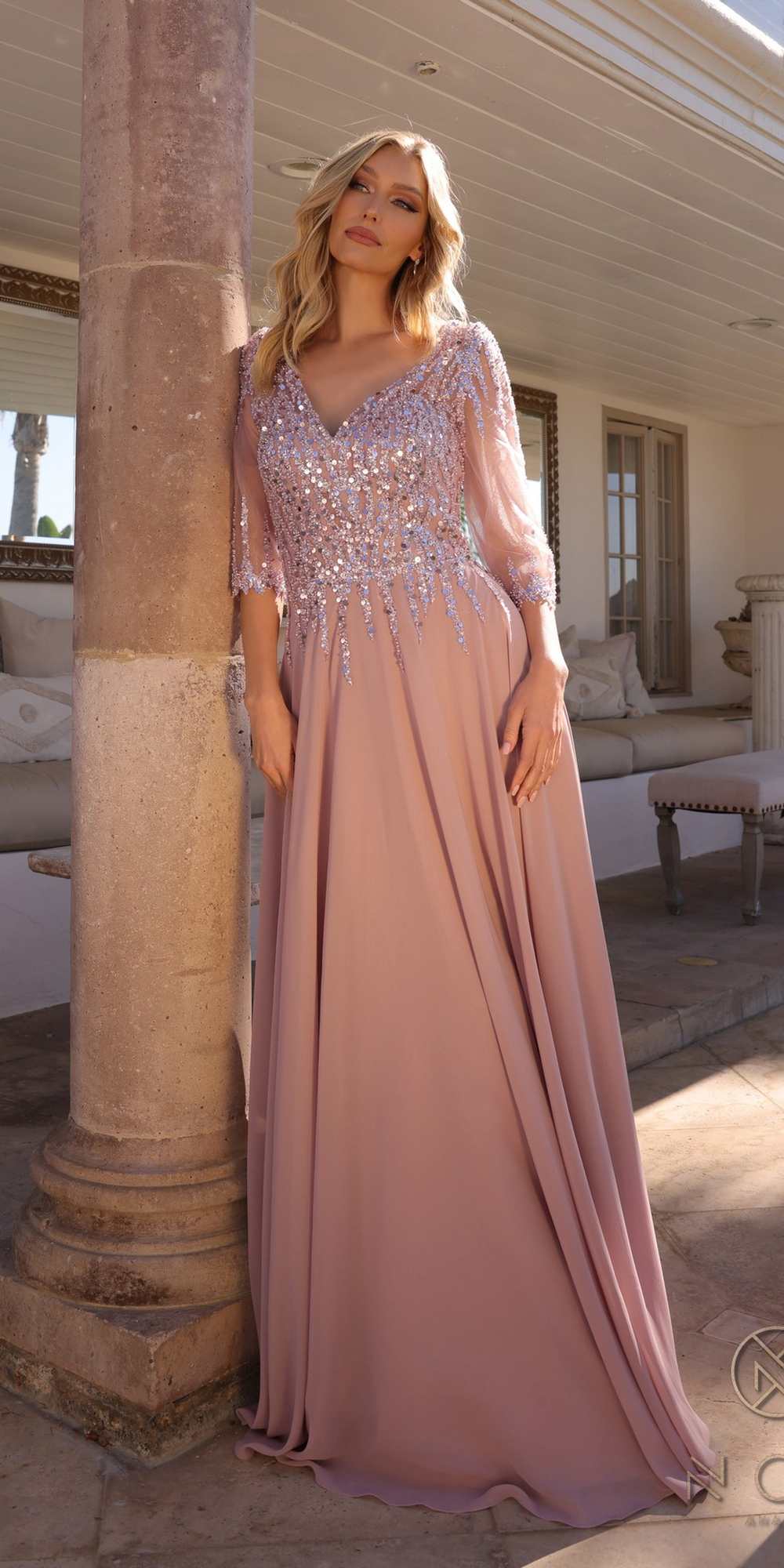 Nox Anabel MF100 Long Sequin Bodice 3/4 Sleeve A-line Gown by DiscountDressShop