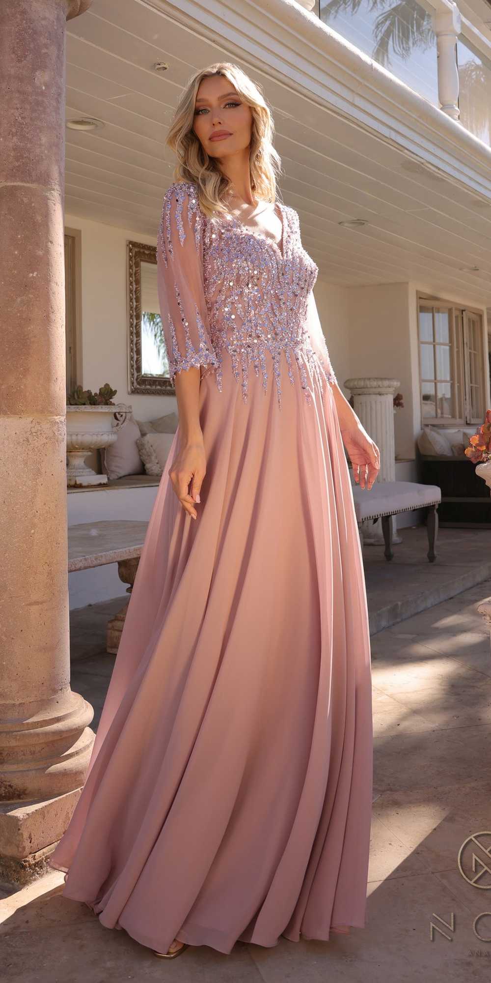 Nox Anabel MF100 Long Sequin Bodice 3/4 Sleeve A-line Gown by DiscountDressShop
