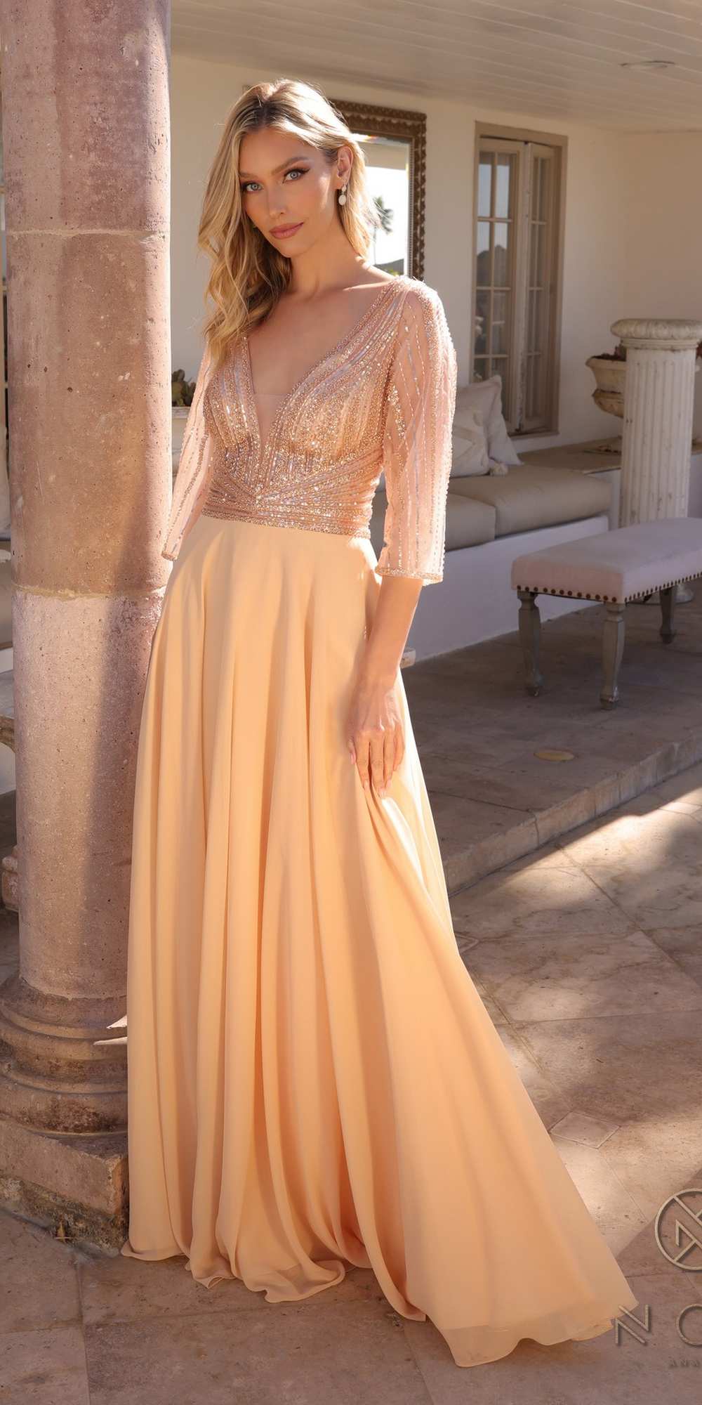Nox Anabel MF101 Long V-Neck Embellished Bodice 3/4 Sleeve A-line Gown by DiscountDressShop