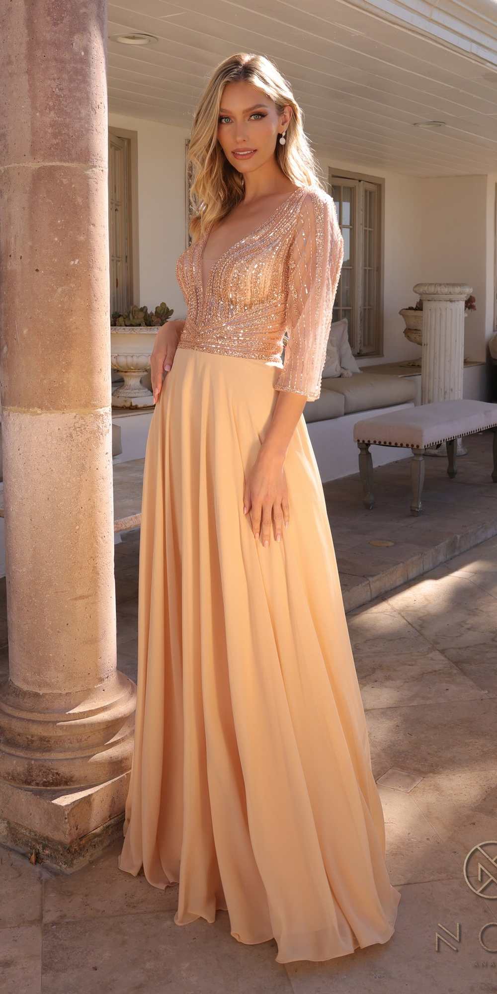 Nox Anabel MF101 Long V-Neck Embellished Bodice 3/4 Sleeve A-line Gown by DiscountDressShop