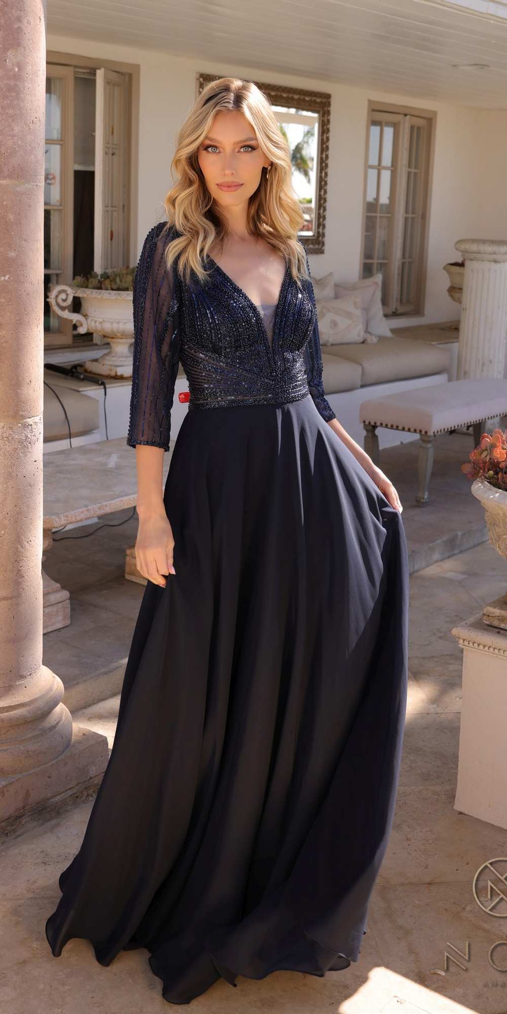 Nox Anabel MF101 Long V-Neck Embellished Bodice 3/4 Sleeve A-line Gown by DiscountDressShop