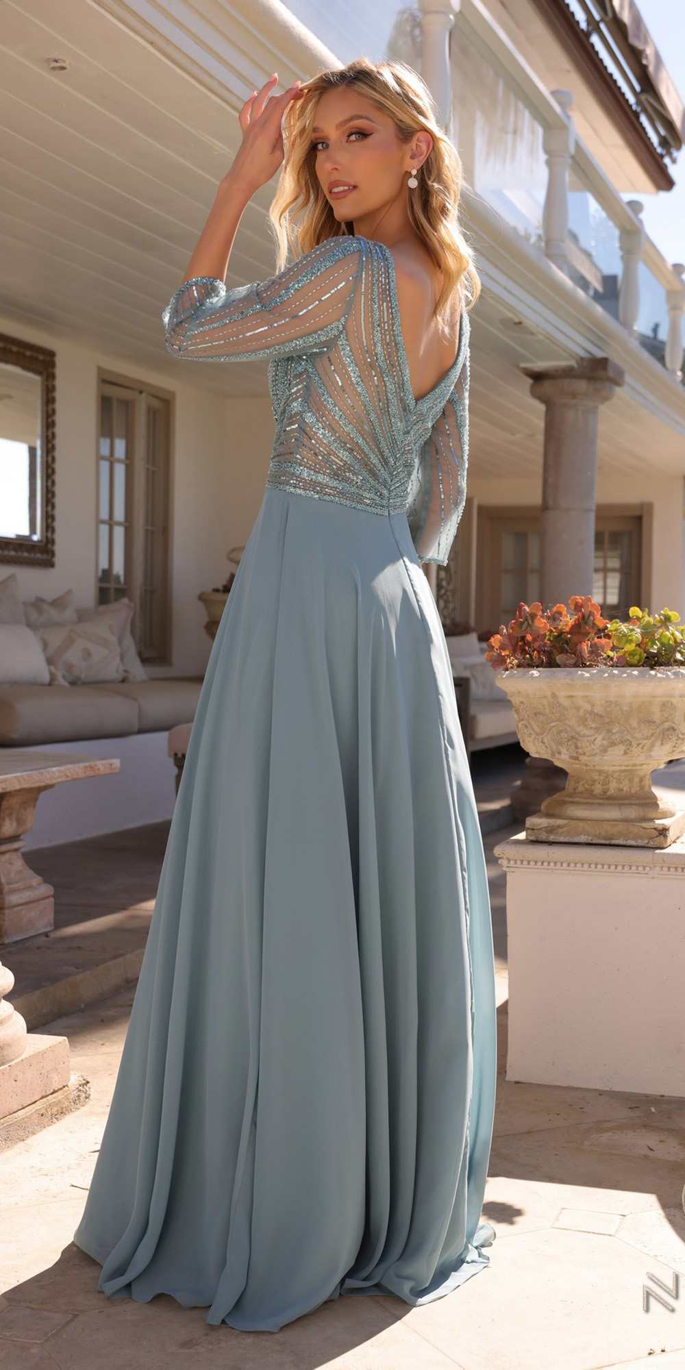 Nox Anabel MF101 Long V-Neck Embellished Bodice 3/4 Sleeve A-line Gown by DiscountDressShop