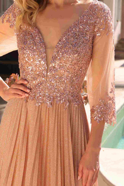 Nox Anabel MF102 Long Applique 3/4 Sleeve Pleated A-line Glitter Gown by DiscountDressShop