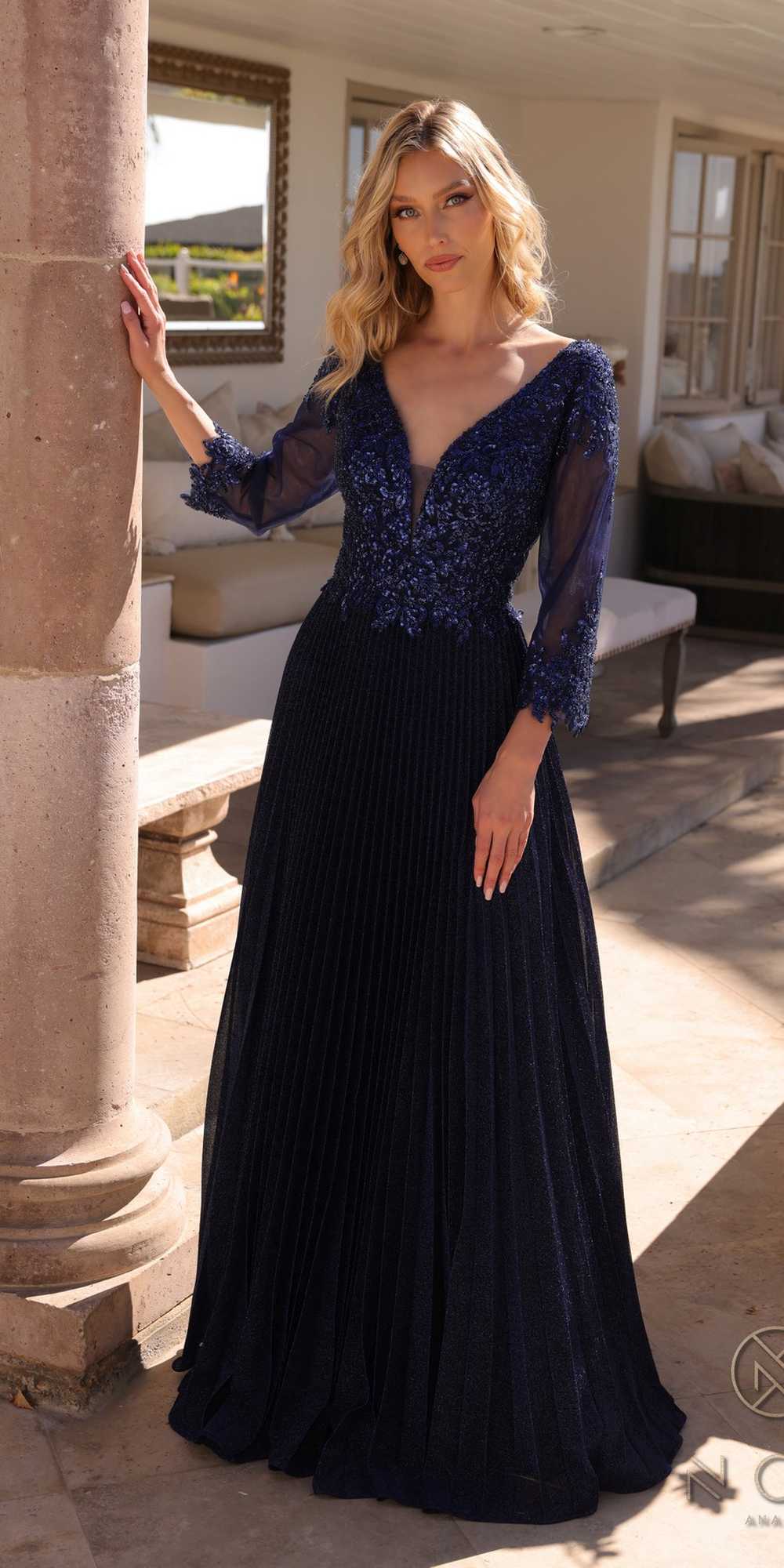 Nox Anabel MF102 Long Applique 3/4 Sleeve Pleated A-line Glitter Gown by DiscountDressShop