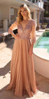 Nox Anabel MF102 Long Applique 3/4 Sleeve Pleated A-line Glitter Gown by DiscountDressShop