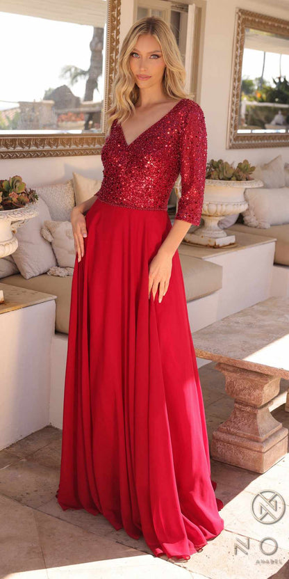 Nox Anabel MF103 Long Sequin Bodice 3/4 Sleeve A-line Gown by DiscountDressShop