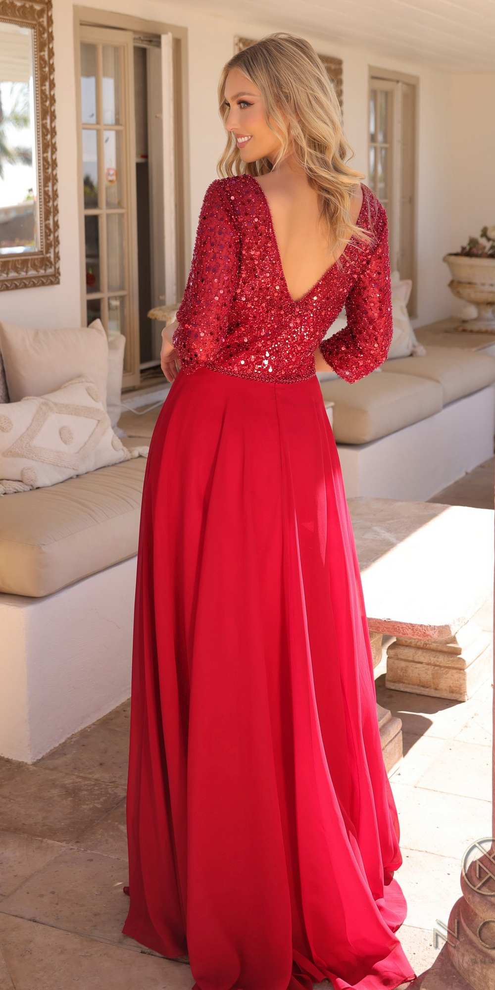 Nox Anabel MF103 Long Sequin Bodice 3/4 Sleeve A-line Gown by DiscountDressShop