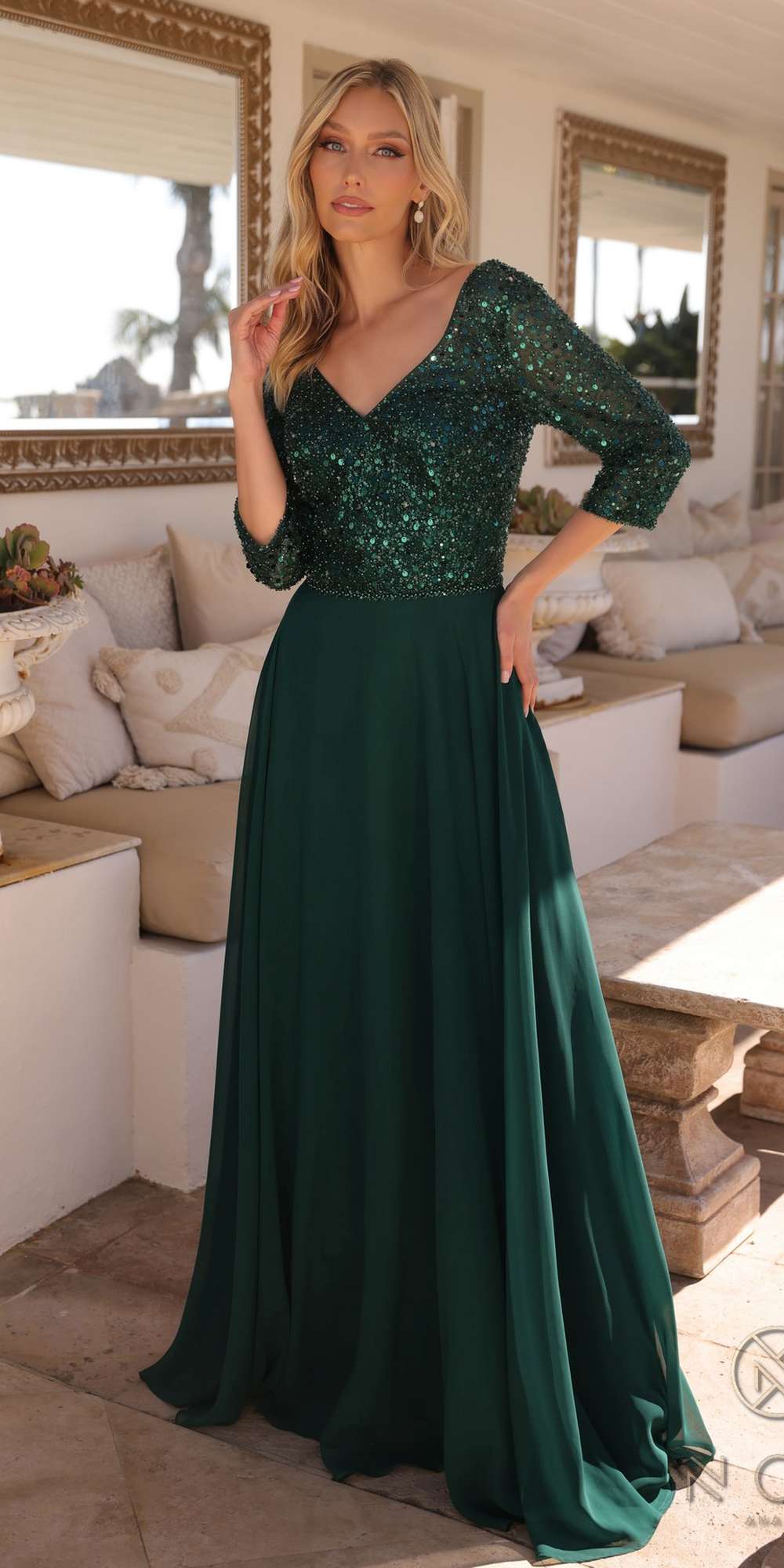 Nox Anabel MF103 Long Sequin Bodice 3/4 Sleeve A-line Gown by DiscountDressShop
