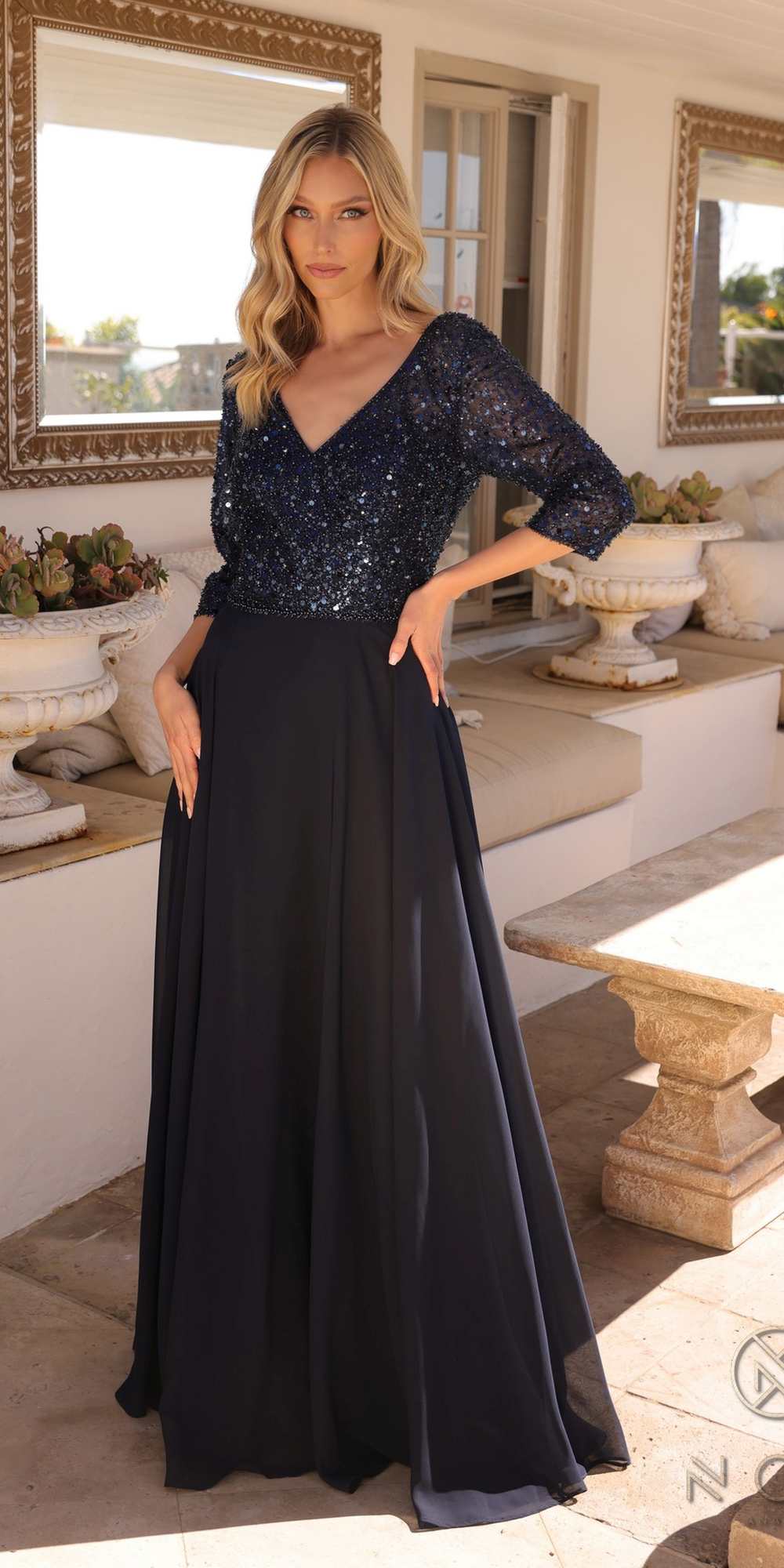 Nox Anabel MF103 Long Sequin Bodice 3/4 Sleeve A-line Gown by DiscountDressShop