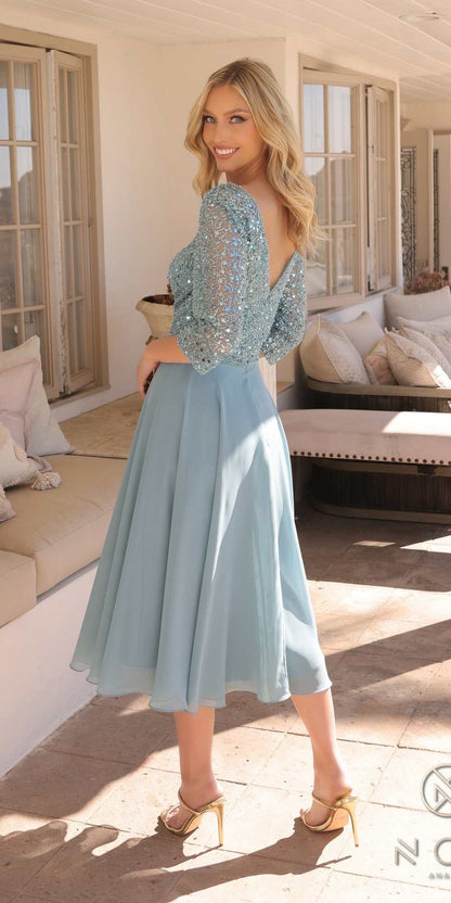 Nox Anabel MF104 Tea Length Sequin Bodice Short 3/4 Sleeve Dress by DiscountDressShop