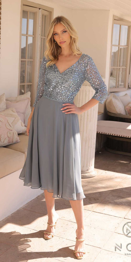 Nox Anabel MF104 Tea Length Sequin Bodice Short 3/4 Sleeve Dress by DiscountDressShop