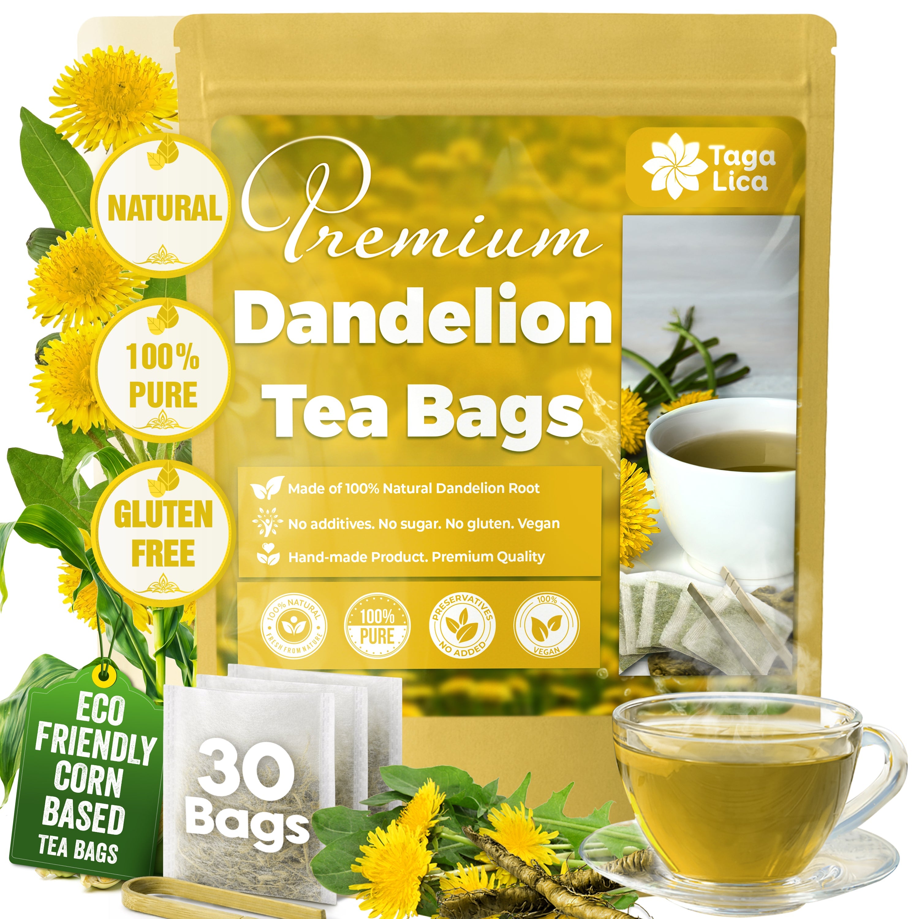 Dandelion Root Tea Bags, 100% Natural &amp; Pure from Dandelion Root, Eco-Conscious Tea Bags, Dandelion Root Herbal Tea. Dandelion Root Tea. No Sugar, No Caffeine, No Gluten, Vegan. by FreshDrinkUS - Natural and Premium Herbal Tea