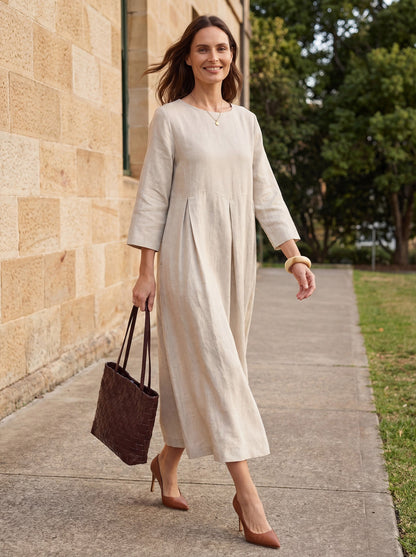 100% Linen Bateau Neck Pleated Midi Dress by LINTICO