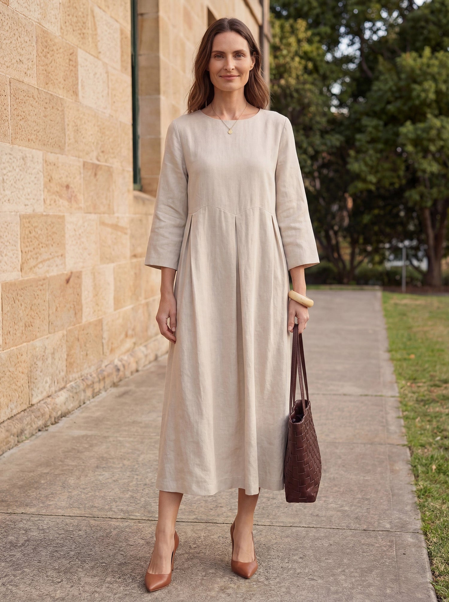 100% Linen Bateau Neck Pleated Midi Dress ABIGAIL by LINTICO