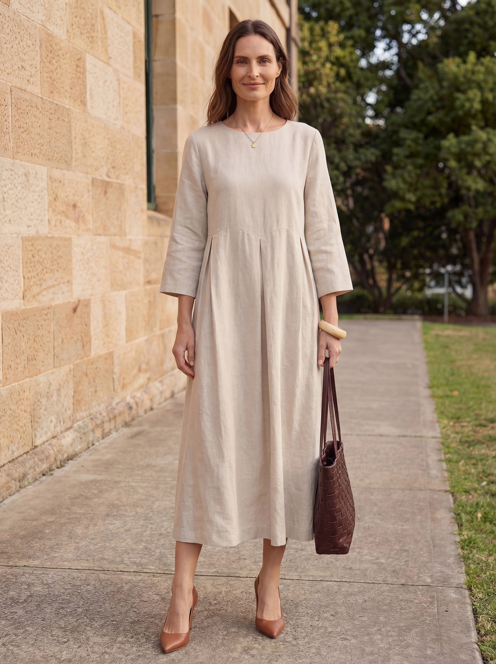 100% Linen Bateau Neck Pleated Midi Dress ABIGAIL by LINTICO