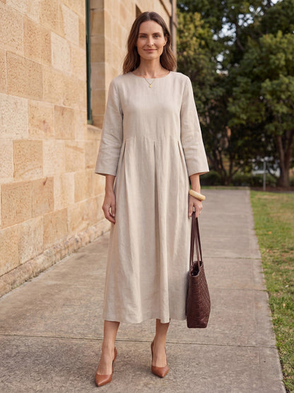 100% Linen Bateau Neck Pleated Midi Dress ABIGAIL by LINTICO