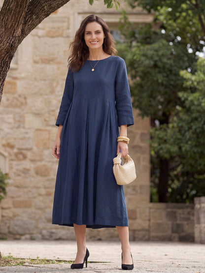 100% Linen Bateau Neck Pleated Midi Dress ABIGAIL by LINTICO