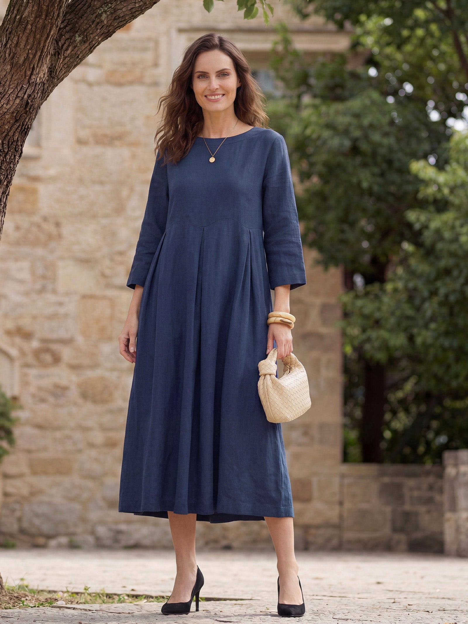 100% Linen Bateau Neck Pleated Midi Dress ABIGAIL by LINTICO