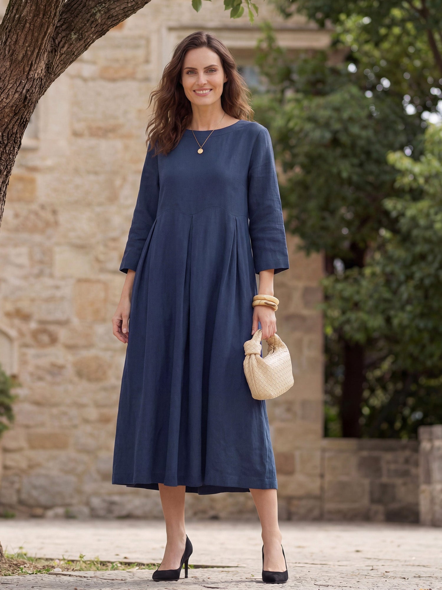 100% Linen Bateau Neck Pleated Midi Dress by LINTICO