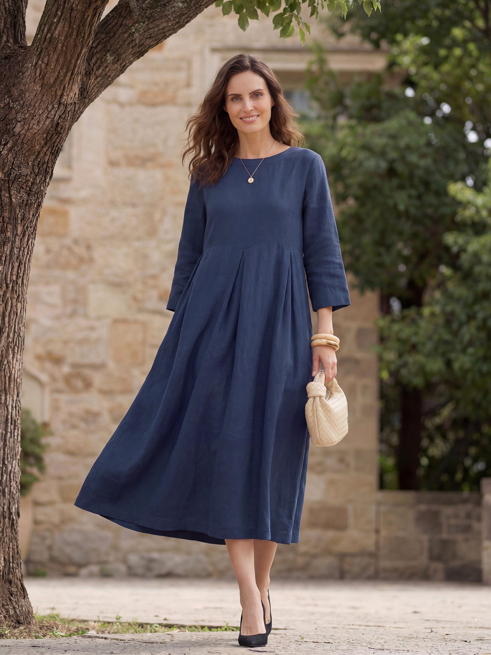 100% Linen Bateau Neck Pleated Midi Dress by LINTICO