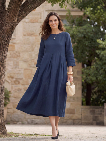 100% Linen Bateau Neck Pleated Midi Dress by LINTICO