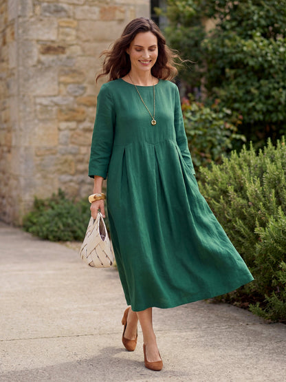 100% Linen Bateau Neck Pleated Midi Dress ABIGAIL by LINTICO