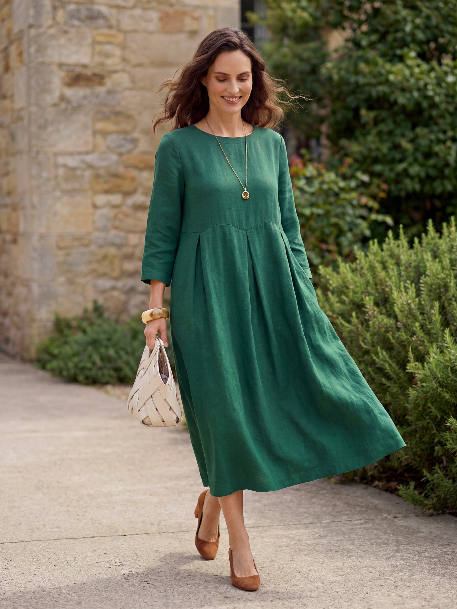100% Linen Bateau Neck Pleated Midi Dress by LINTICO