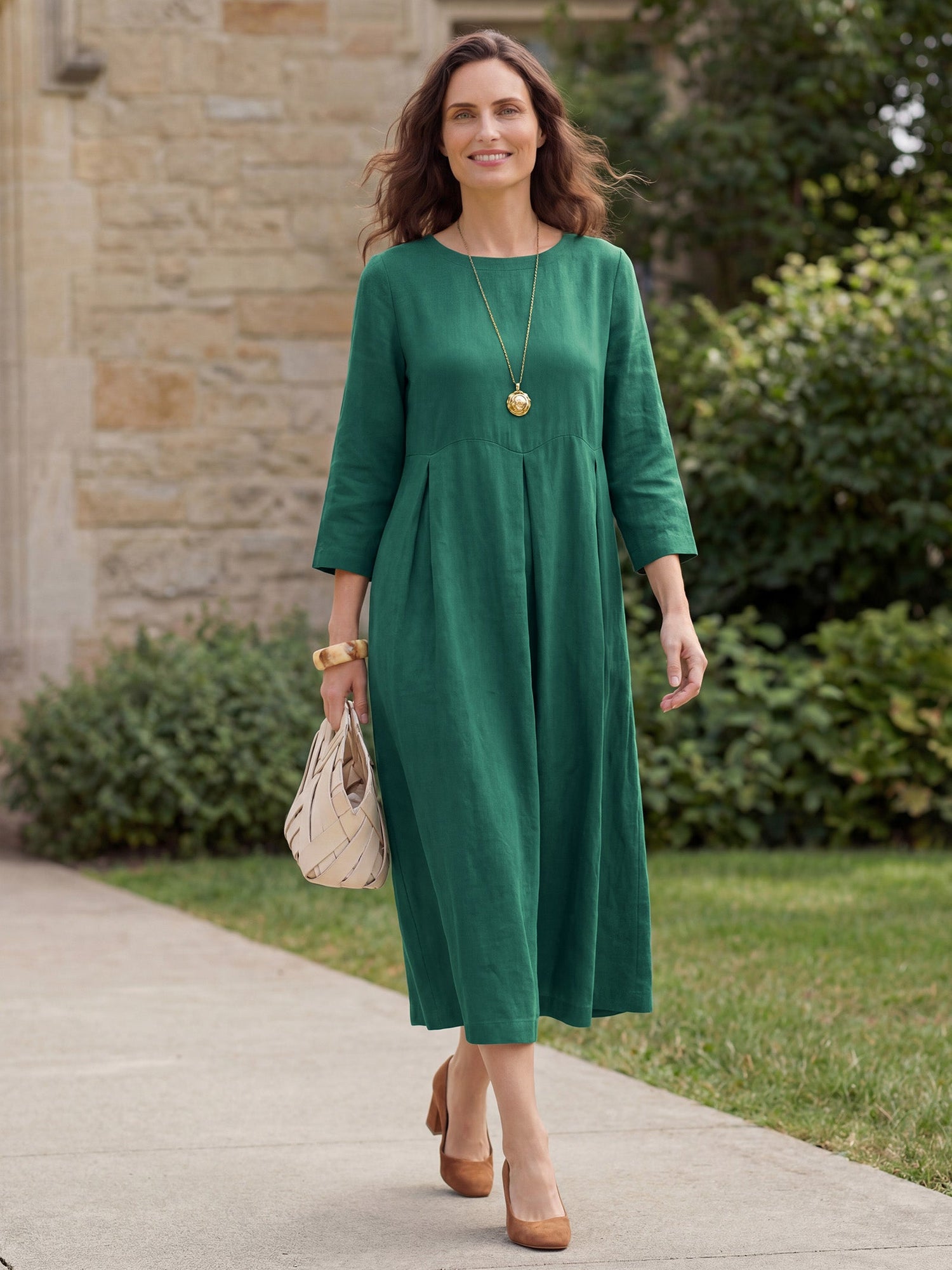 100% Linen Bateau Neck Pleated Midi Dress by LINTICO