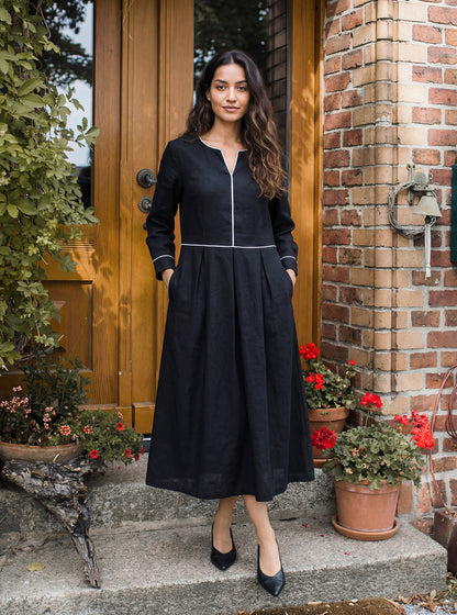 Linen-Lyocell Contrast Trim Gathered Midi Dress NYX by LINTICO