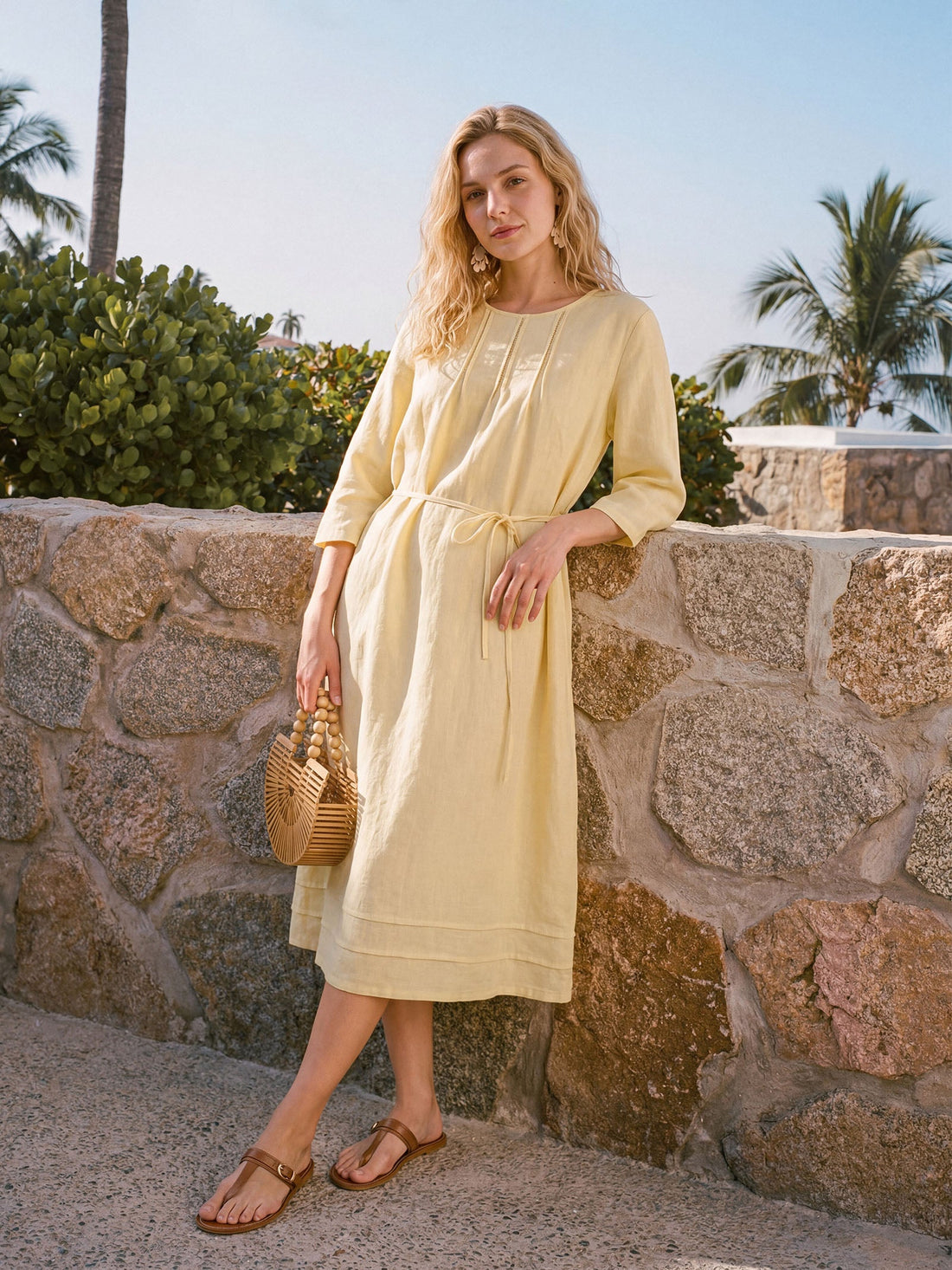 100% Linen Pintucked Embroidered Adjustable Belt Tiered Midi Dres VERENA by LINTICO