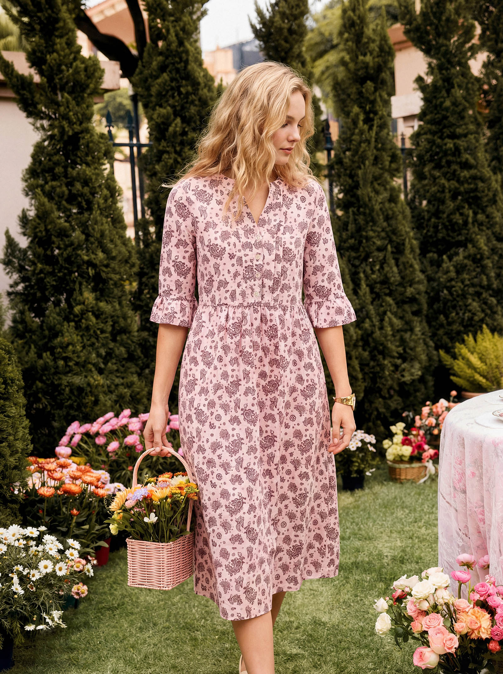 Linen Paisley Pintucked Ruffle-Cuff Midi Dress MAELYN by LINTICO
