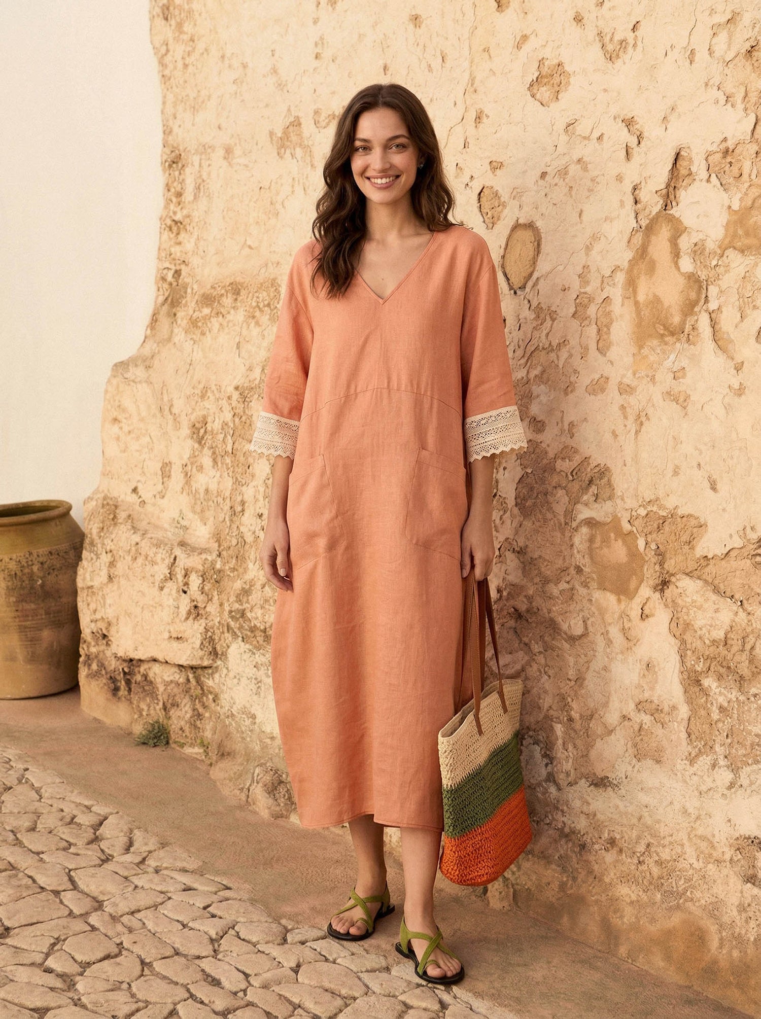 100% Linen Lace-Cuff Cocoon Midi Dress PETRA by LINTICO