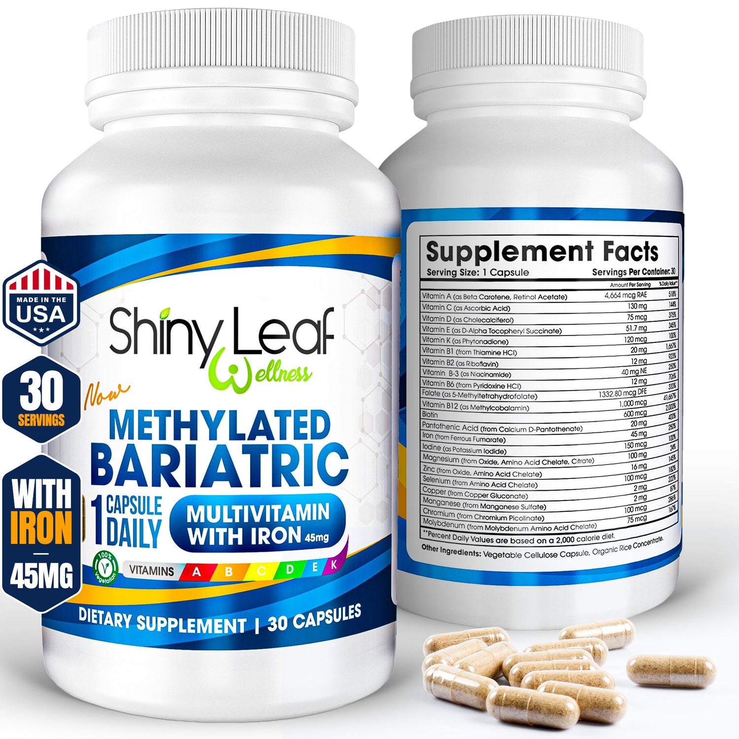 Methylated Bariatric Multivitamins with 45mg Iron 1 capsule a day by Shiny Leaf