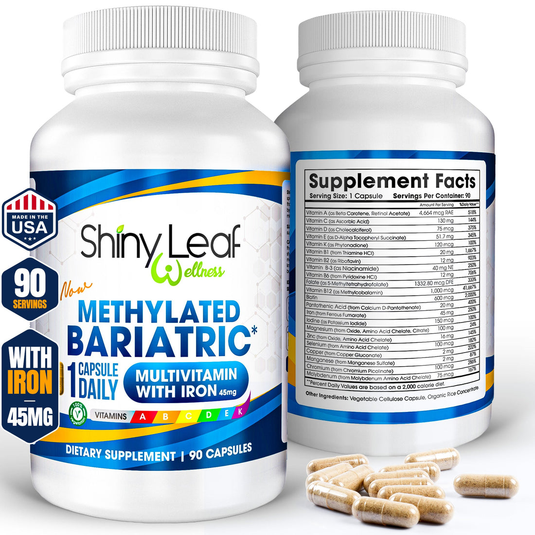 Methylated Bariatric Multivitamins with 45mg Iron 1 capsule a day by Shiny Leaf