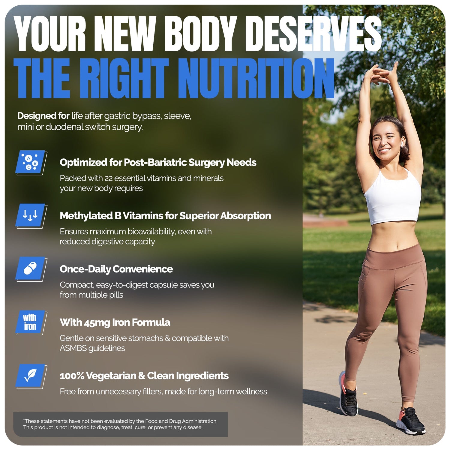 Methylated Bariatric Multivitamins with 45mg Iron 1 capsule a day by Shiny Leaf