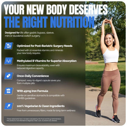 Methylated Bariatric Multivitamins with 45mg Iron 1 capsule a day by Shiny Leaf