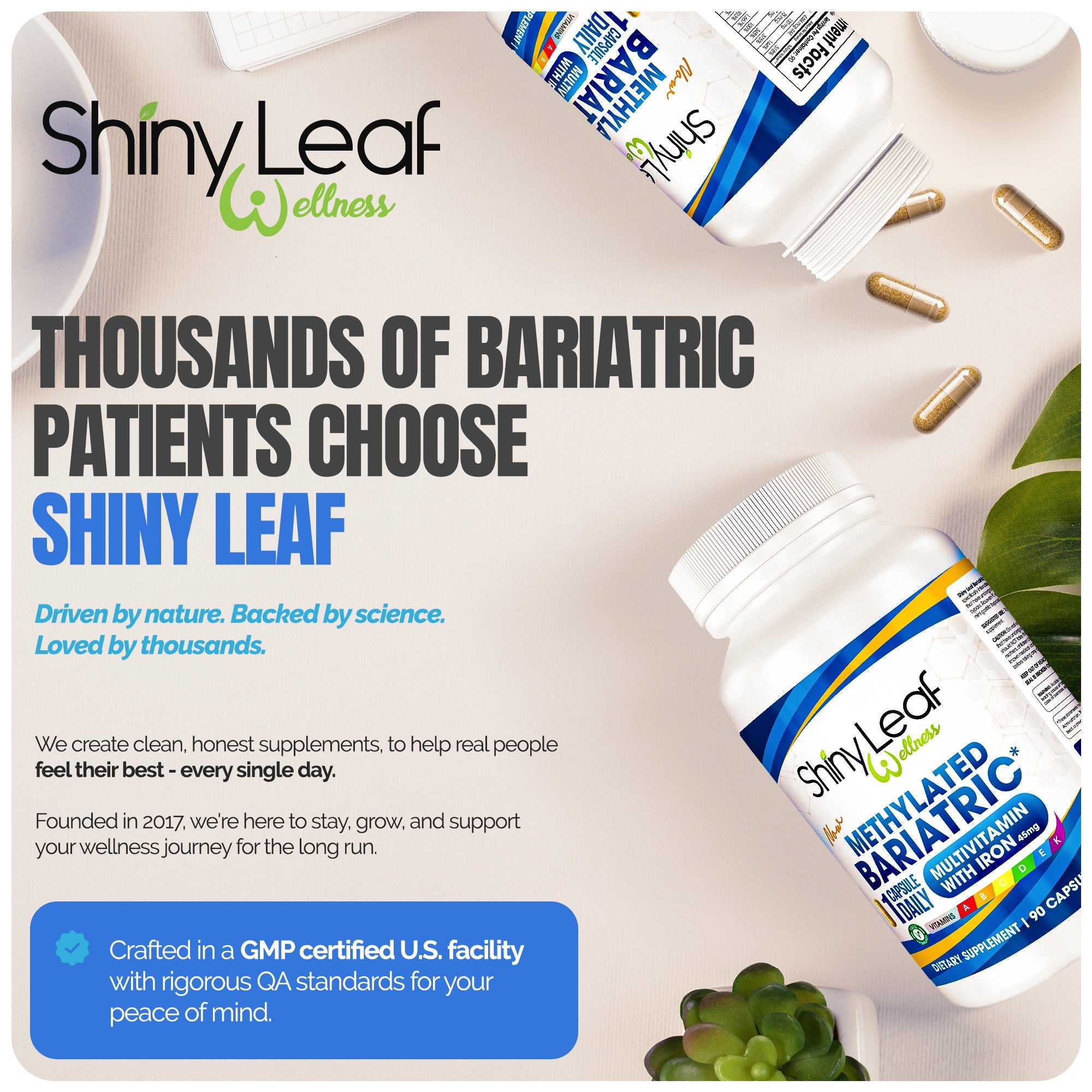 Methylated Bariatric Multivitamins with 45mg Iron 1 capsule a day by Shiny Leaf