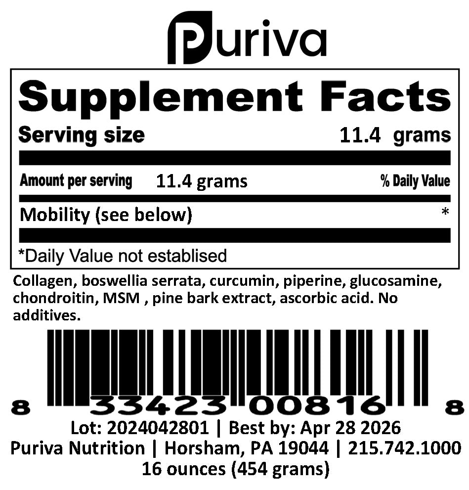 Mobility powder, 1 pound, Puriva Nutrition by Puriva Nutrition