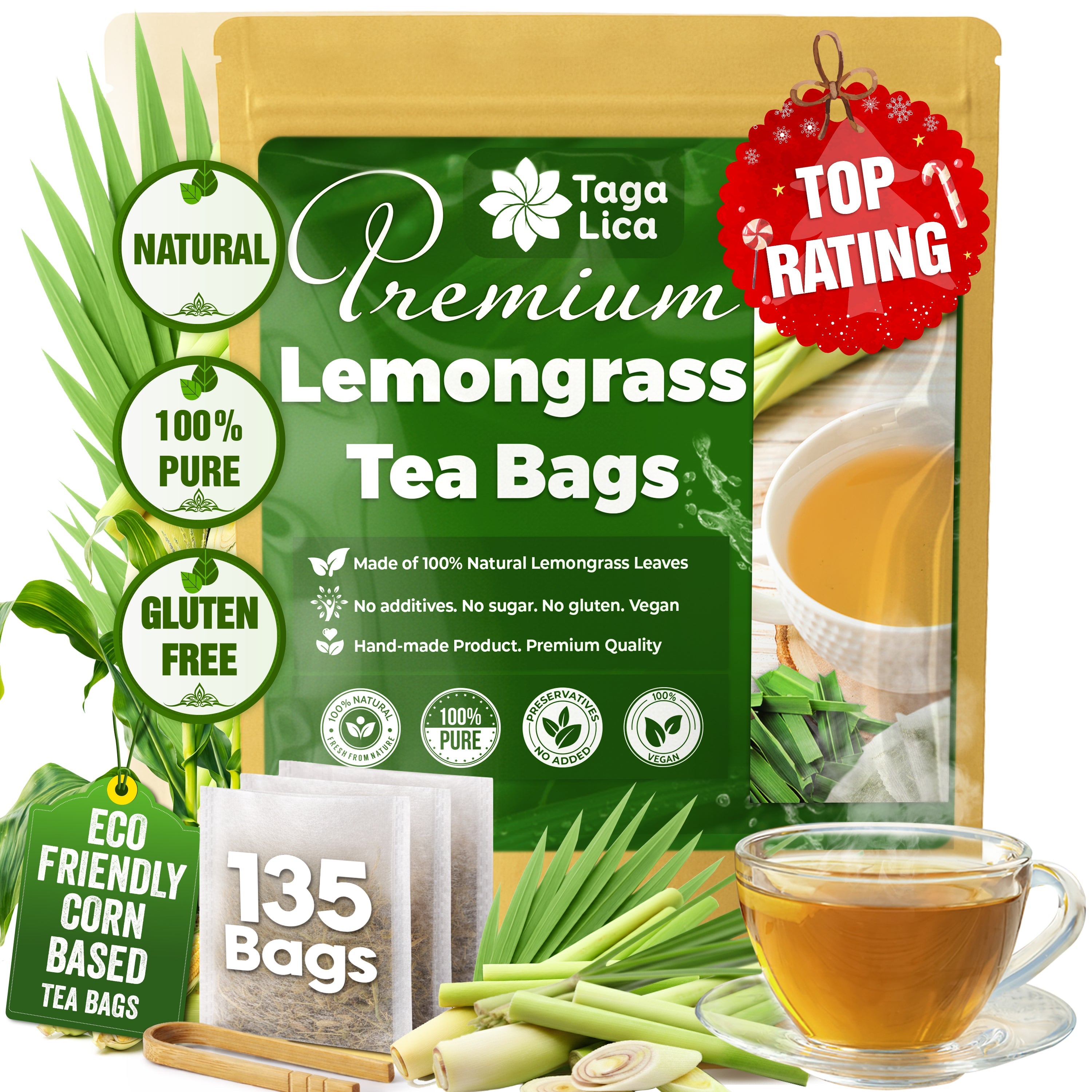 Lemongrass Tea Bags, 100% Natural &amp; Pure Lemongrass leaves, Eco-Conscious Tea Bags, Lemongrass Herbal Tea. Lemongrass Leaf Tea. No Sugar, No Caffeine, No Gluten, Vegan. by FreshDrinkUS - Natural and Premium Herbal Tea