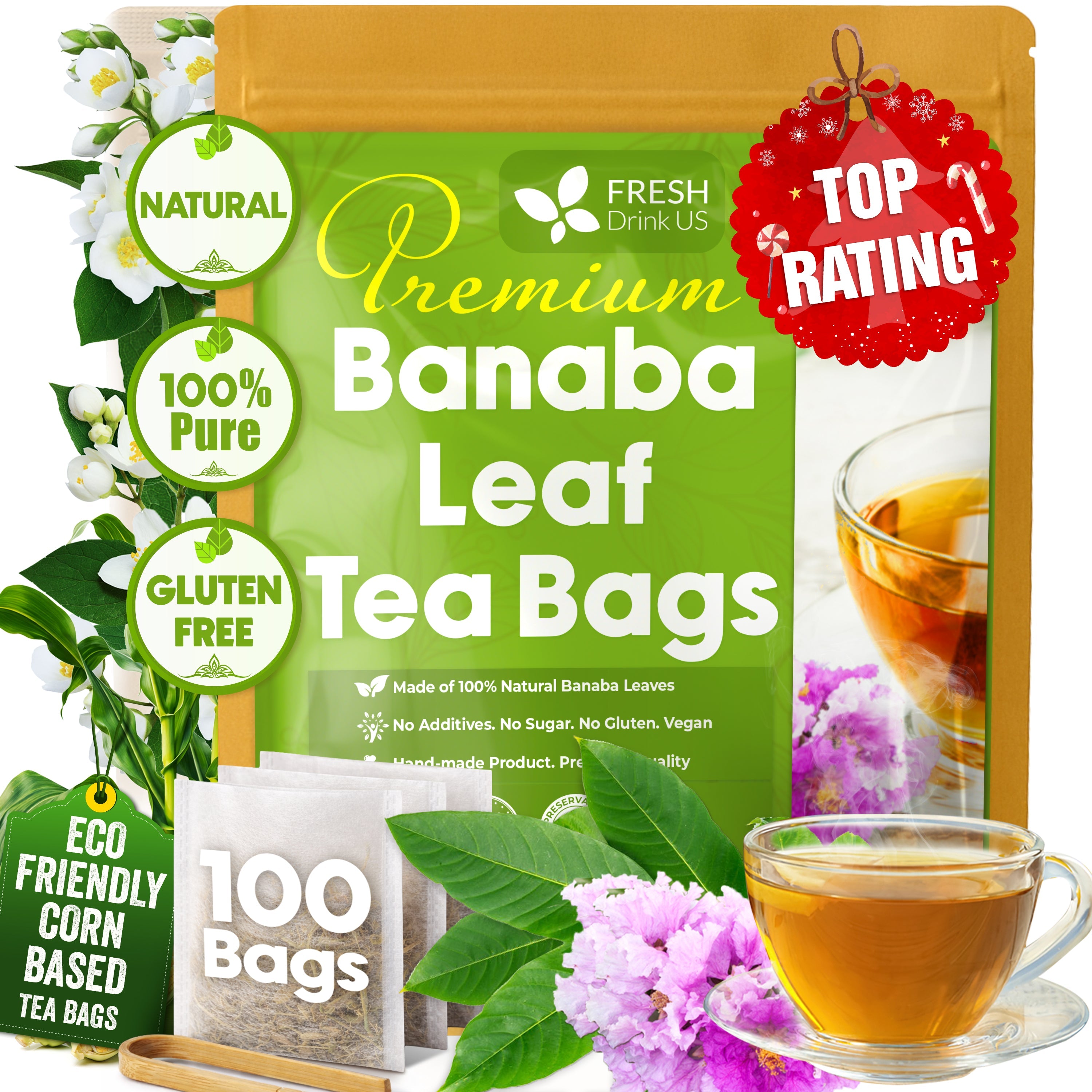 Natural Banaba Dried Leaves, Tea Bags, Powder, Whole Banaba Leaves, 100% Pure Dried Banaba Leaves, Banaba Leaf Tea, No Additives, No Caffeine, Vegan by FreshDrinkUS - Natural and Premium Herbal Tea