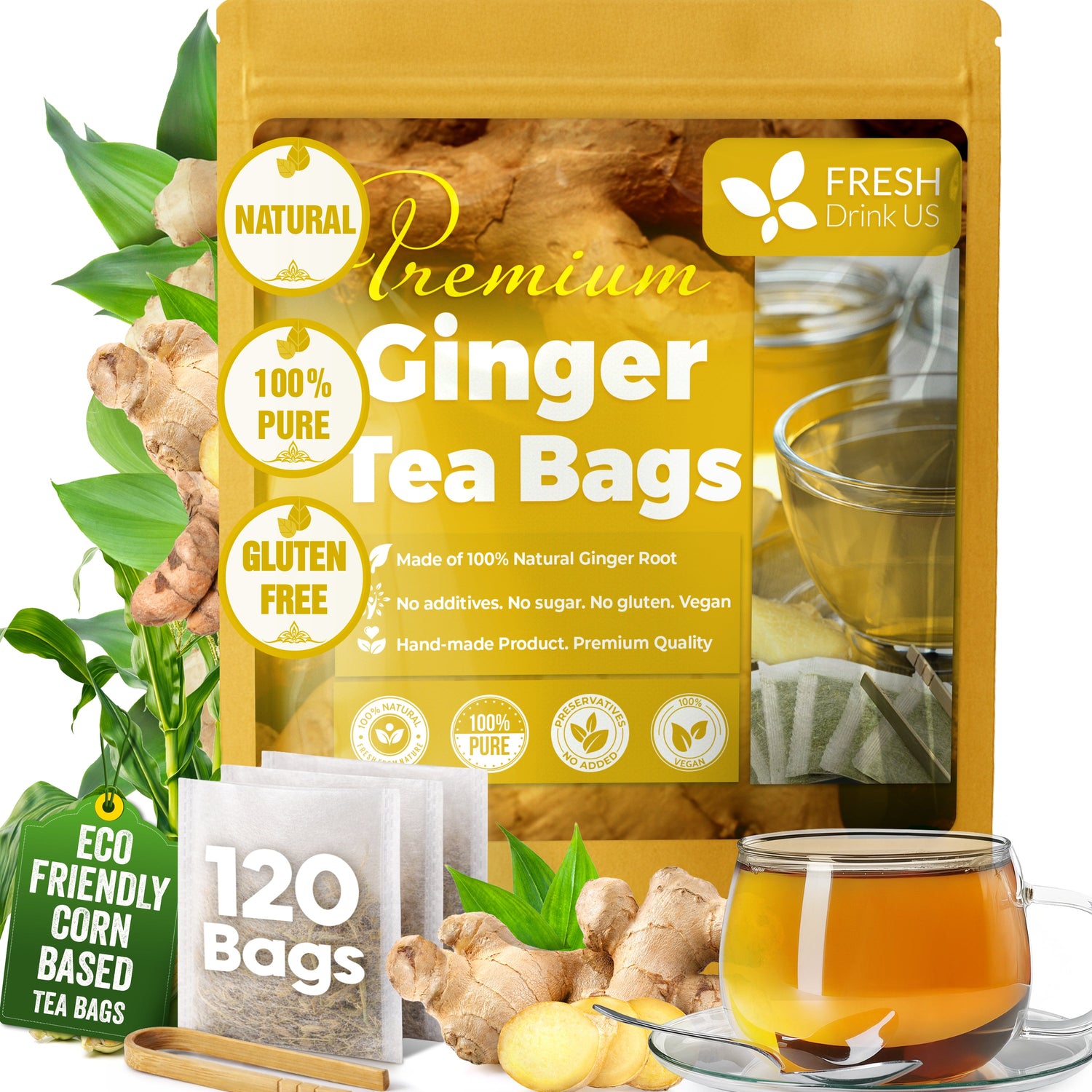 Premium Ginger Tea Bags, 100% Natural &amp; Pure from Ginger Roots, Ginger Tea, Ginger Herbal Tea. Ginger Tea. No Sugar, No Caffeine, No Gluten, Vegan. by FreshDrinkUS - Natural and Premium Herbal Tea