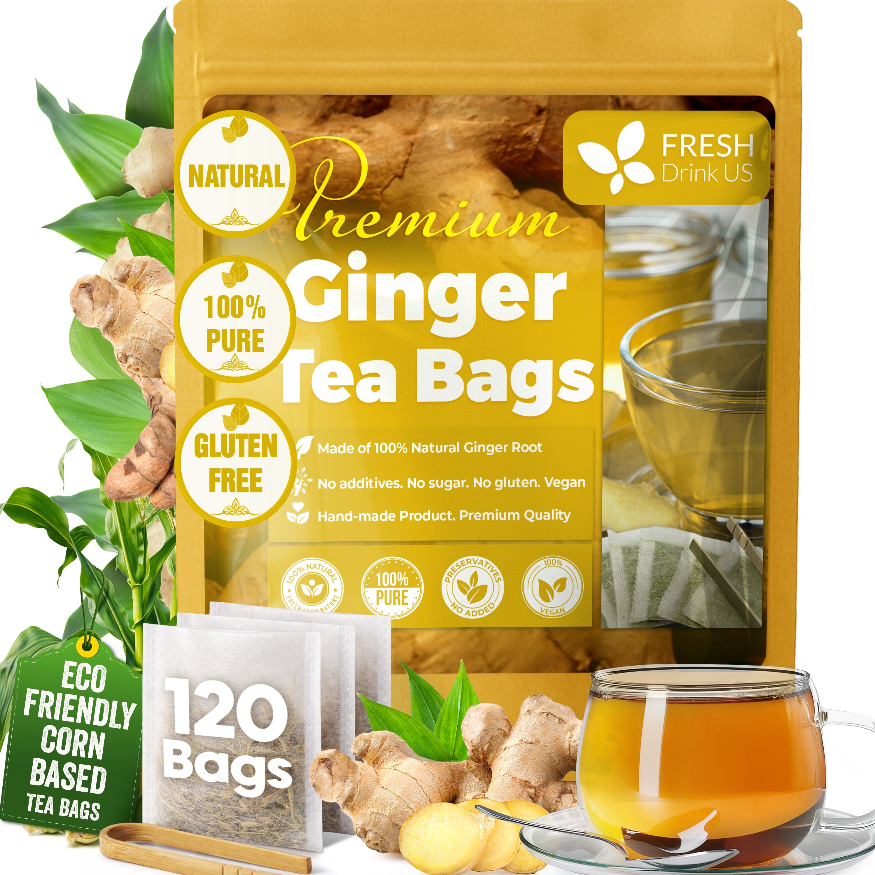 Premium Ginger Tea Bags, 100% Natural &amp; Pure from Ginger Roots, Ginger Tea, Ginger Herbal Tea. Ginger Tea. No Sugar, No Caffeine, No Gluten, Vegan. by FreshDrinkUS - Natural and Premium Herbal Tea