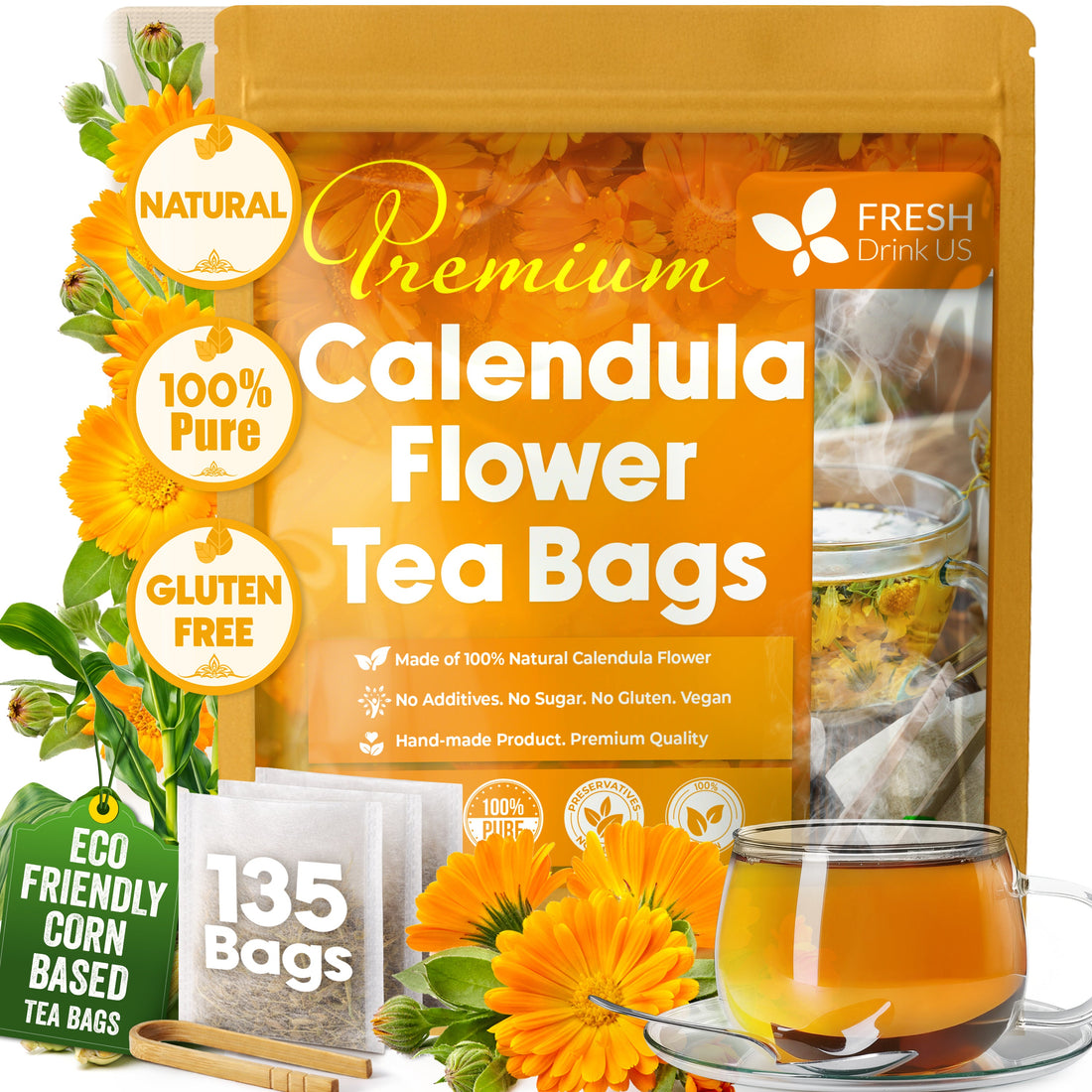 Calendula Tea Bags, 100% Natural and Pure Calendula Flowers, Eco-conscious Tea Bags. Calendula Flower Herbal Tea. No Sugar, No Caffeine, No Gluten, Vegan. by FreshDrinkUS - Natural and Premium Herbal Tea