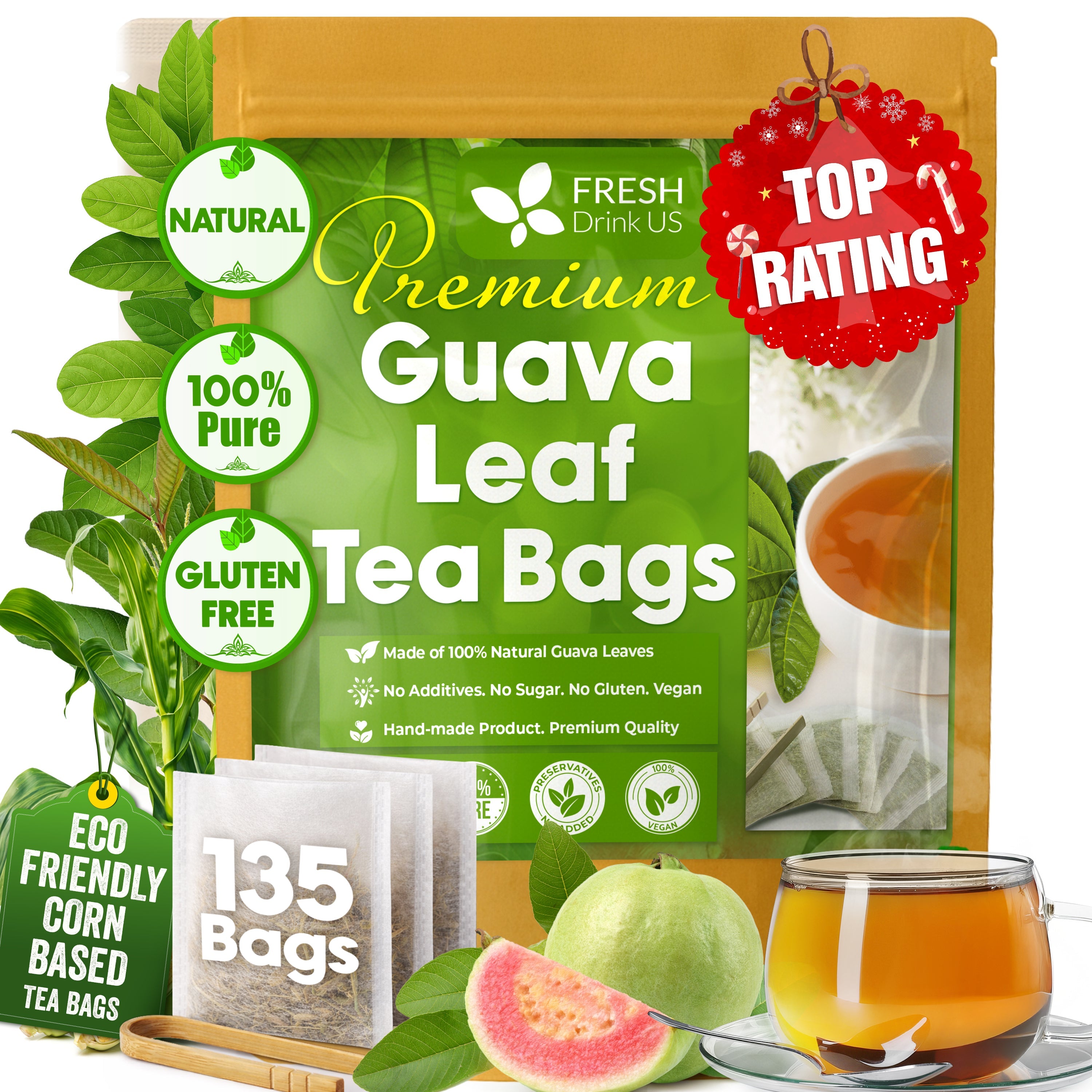 Natural Guava Leaves, Whole Dried Leaves, Cut-and-Sifted Guava leaves, 100% Pure from Guava Leaves, Natural Guava Loose Leaf Herbal Tea, No Additives, No Caffeine, Vegan by FreshDrinkUS - Natural and Premium Herbal Tea
