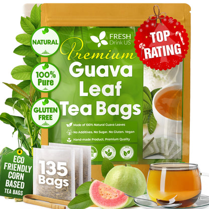 Natural Guava Leaves, Whole Dried Leaves, Cut-and-Sifted Guava leaves, 100% Pure from Guava Leaves, Natural Guava Loose Leaf Herbal Tea, No Additives, No Caffeine, Vegan by FreshDrinkUS - Natural and Premium Herbal Tea