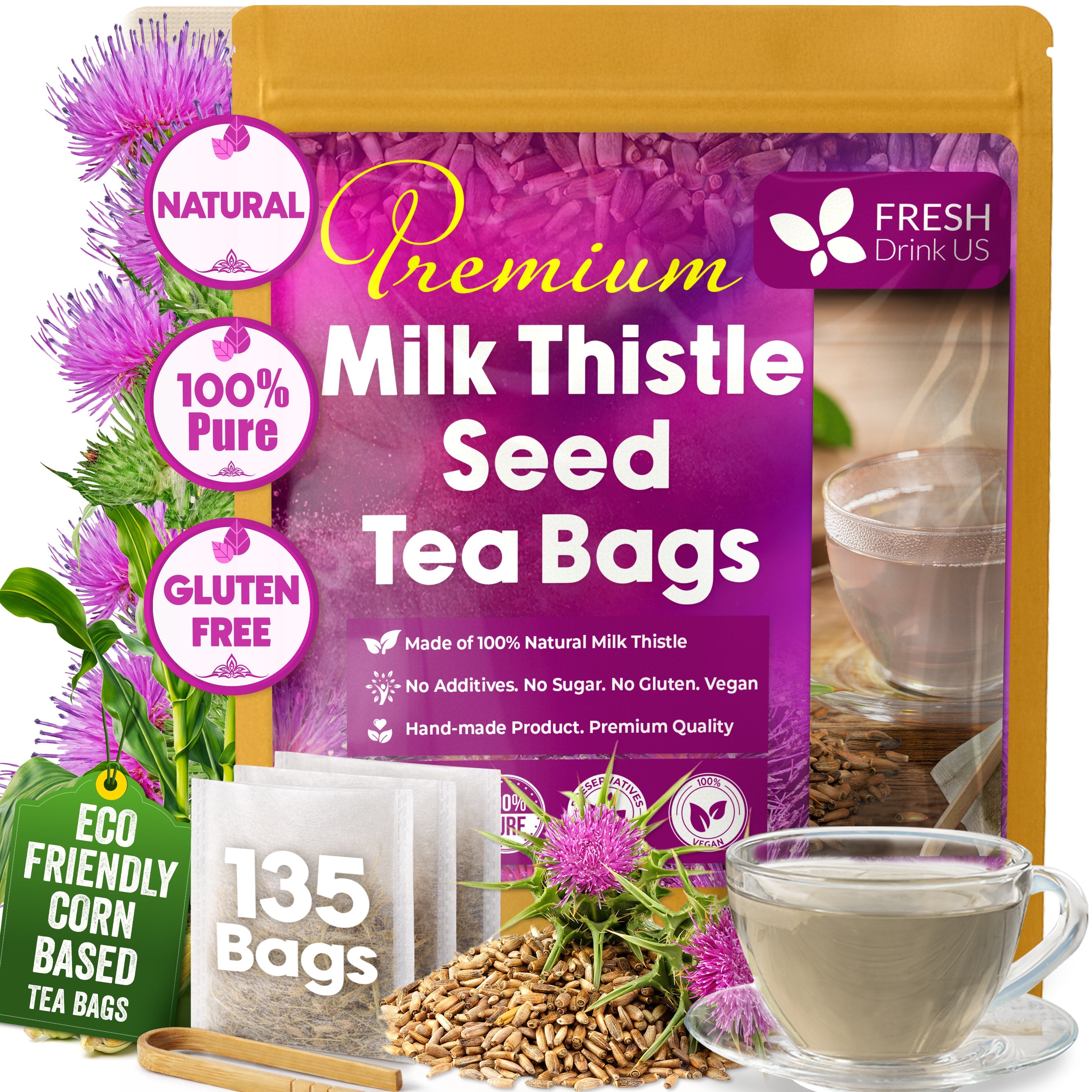 Premium Milk Thistle Tea Bags, 100% Natural &amp; Pure from Milk Thistle Seeds. Milk Thistle Seed Herbal Tea. Milk Thistle Seed Tea. Made with Natural Material Tea Bags. No Sugar, No Caffeine, No Gluten, Vegan. by FreshDrinkUS - Natural and Premium Herbal Tea