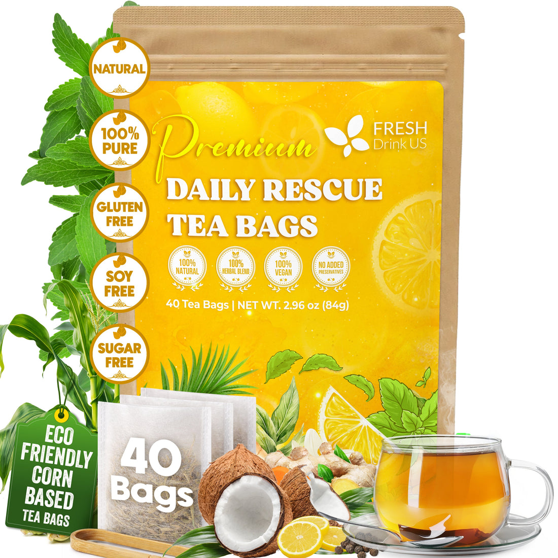 Premium Daily Rescue Lemon Ginger Tea Bags by FreshDrinkUS - Natural and Premium Herbal Tea