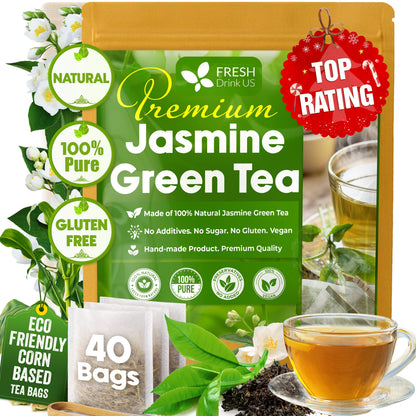Premium Jasmine Green Tea Bags. Jasmine Green Herbal Tea. Made with Natural Material Tea Bags. No Sugar, No Gluten, Vegan. by FreshDrinkUS - Natural and Premium Herbal Tea