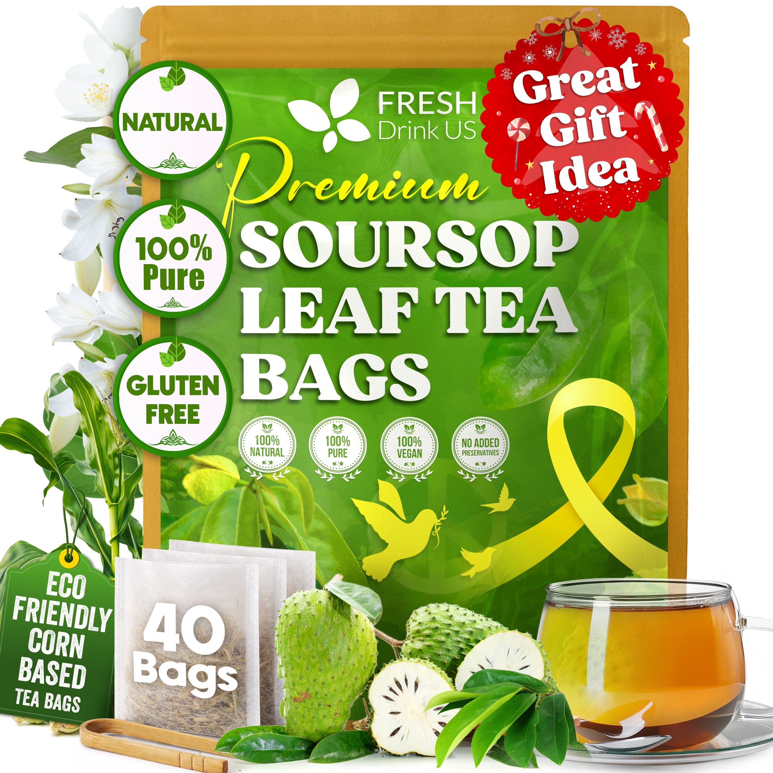 40 Premium Soursop Graviola Leaf Tea Bags, 100% Natural and Pure from Soursop Leaves, Handmade, Made With Natural Materials-Corn Fiber Tea Bag, Sugar/Caffeine/Gluten Free, Hoja Guanabana Tea by FreshDrinkUS - Natural and Premium Herbal Tea